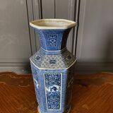 Pair of Japanese hexagonal blue background vases with cut sides DEC 739