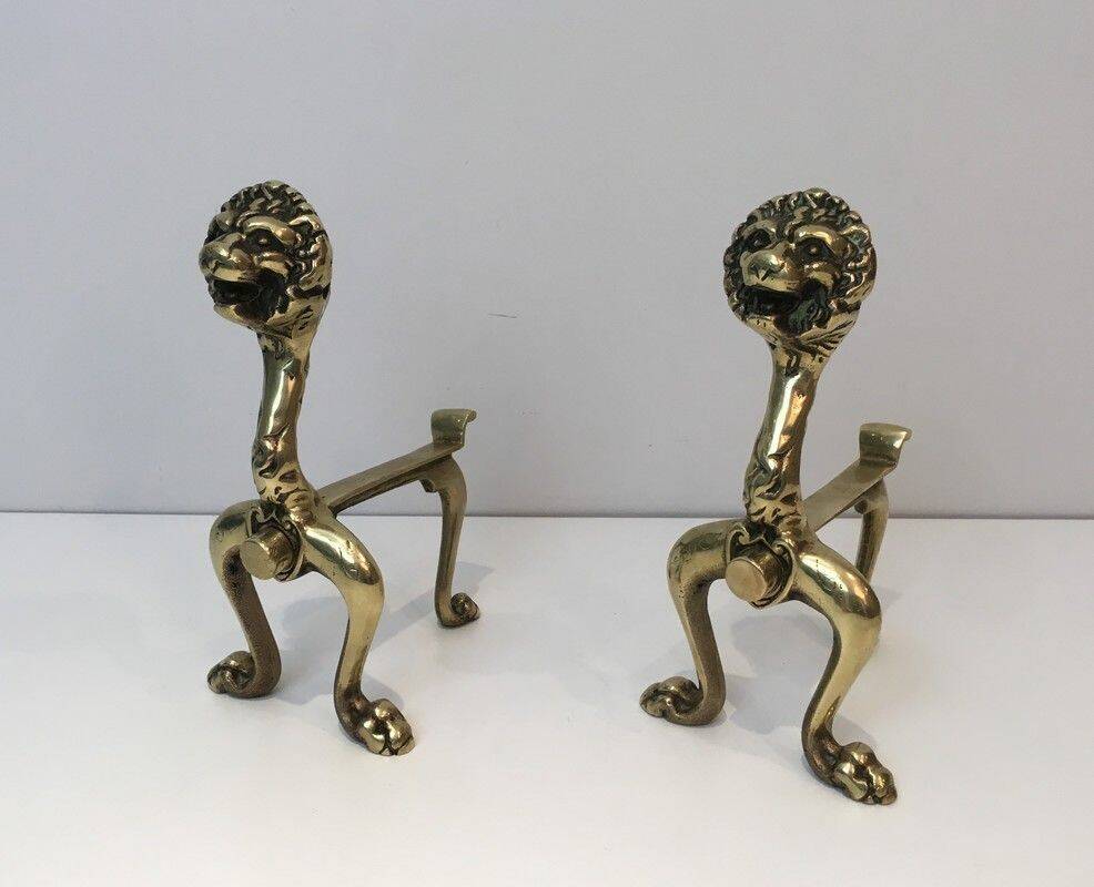 Pair of bronze andirons with lions
