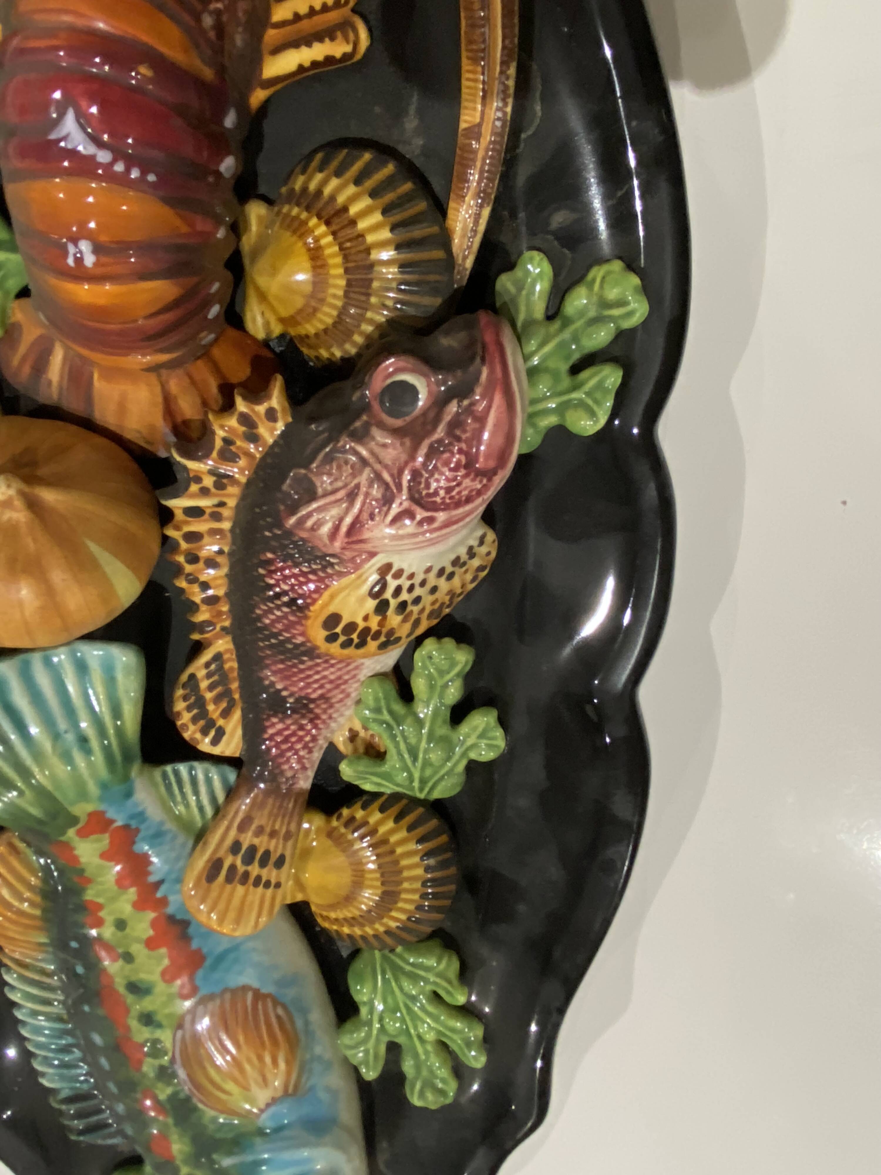 Large oval wall plate in Palissy majolica from Vallauris