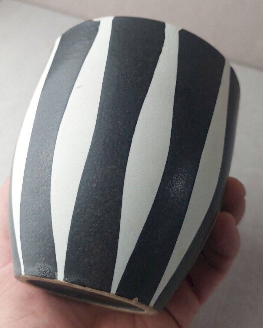 Old ceramic flowerpot, Vallauris style decor, black and white stripes, vintage