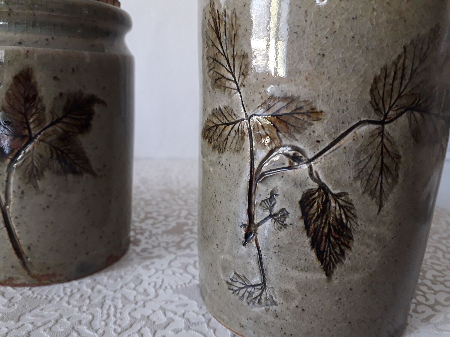 Set of 3 enameled stoneware pots with herbarium motifs Le Rivet