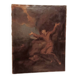 Old oil painting on canvas depicting Saint Francis in ecstasy