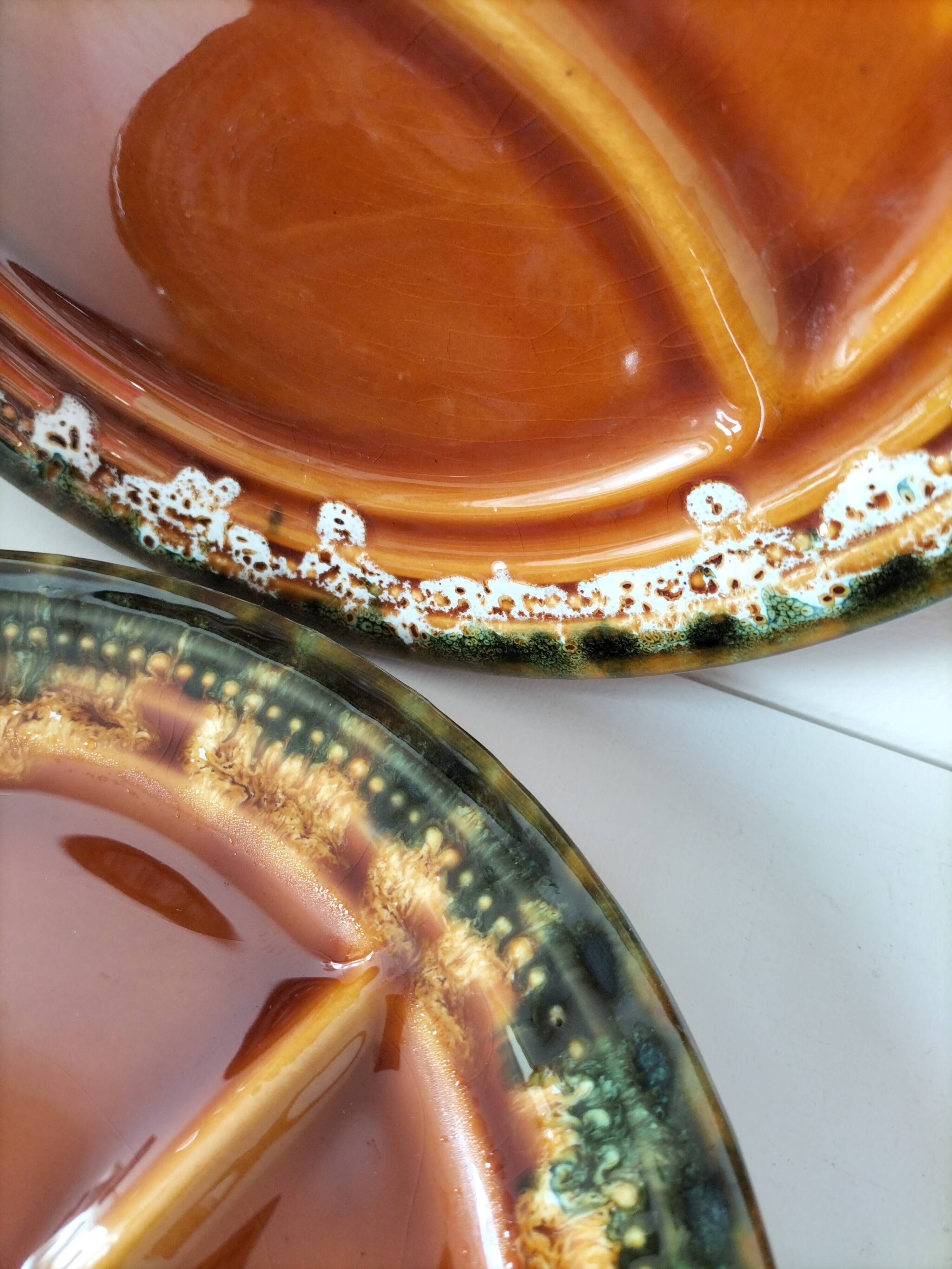 Set of 6 compartmentalised glazed ceramic plates, 1960s-70s.