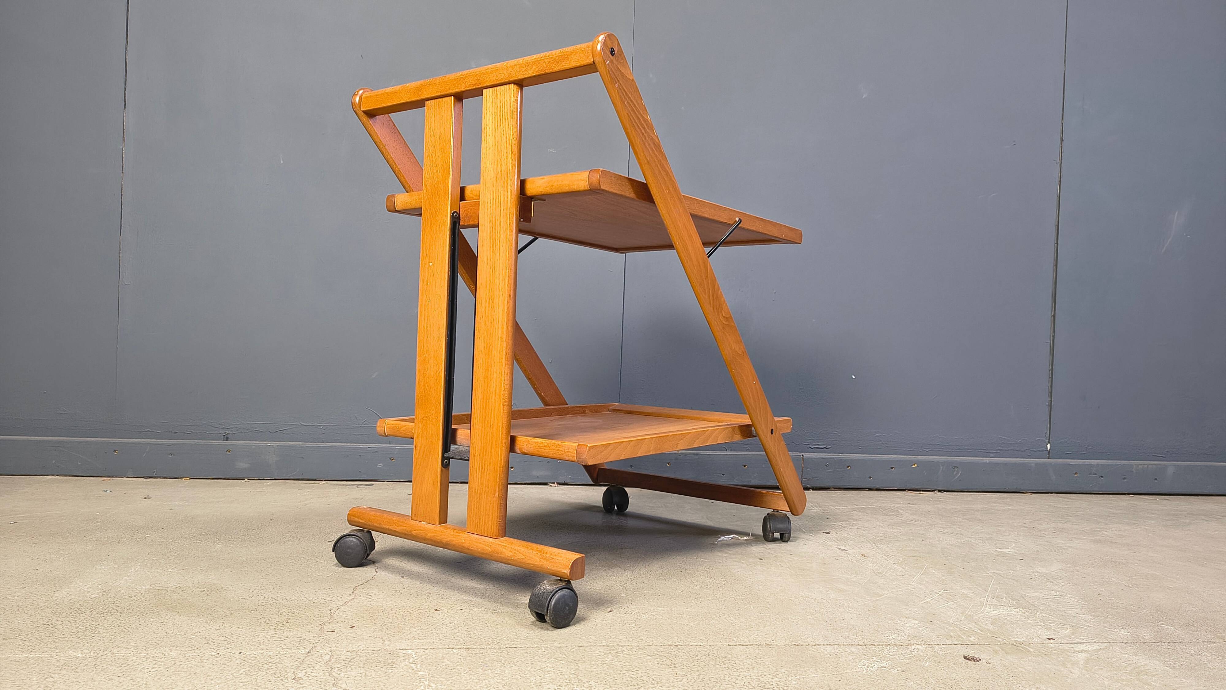 Vintage Italian foldable wooden serving cart, 1980s