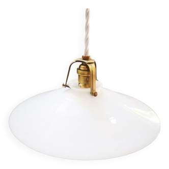 Suspension ancienne abat jour opaline blanche baladeuse Art déco 1930 Ø 26 cm