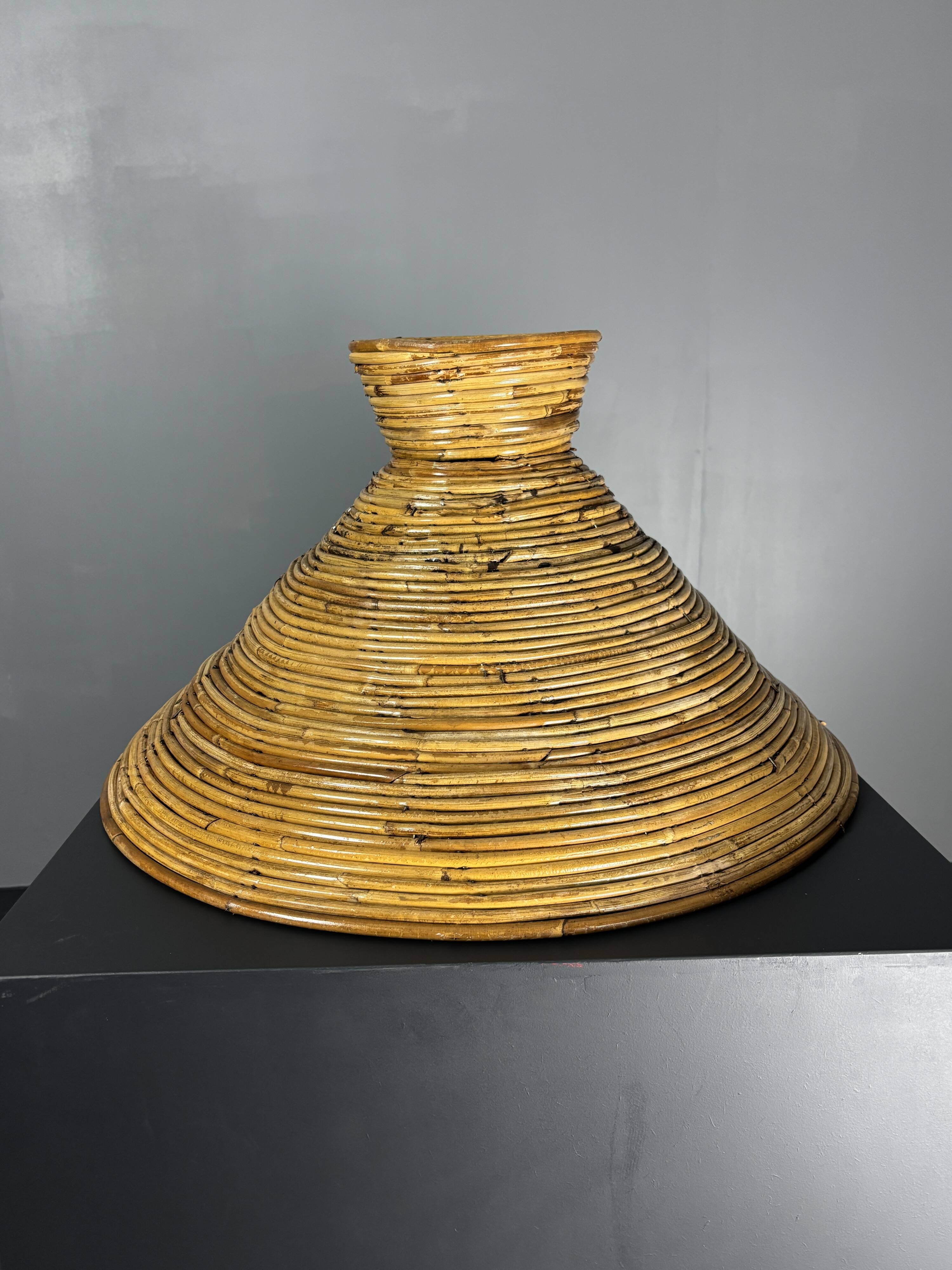 Midcentury pair pencil rattan large ( 62 cm ) pendants, Italy 1970s