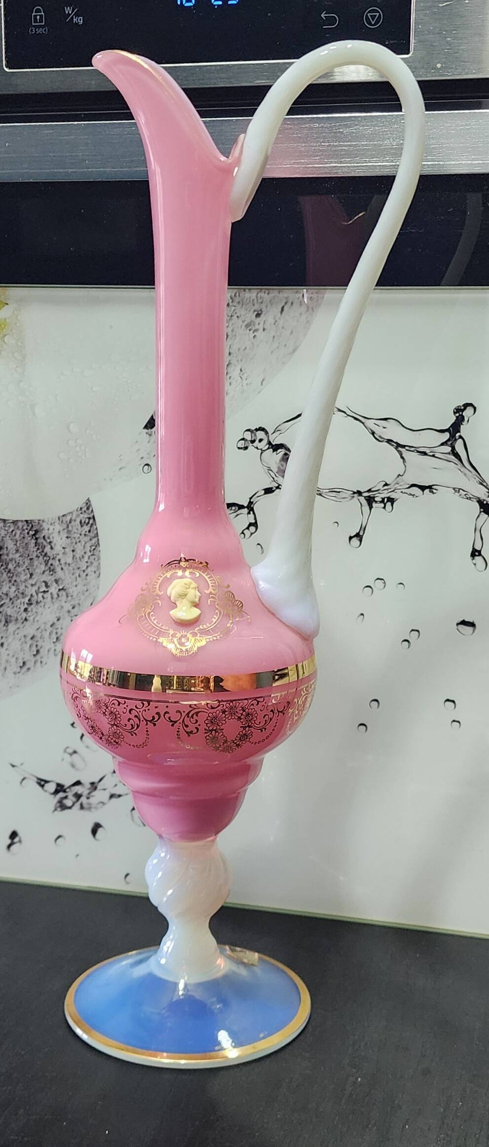 Vintage ewer vase opaline glass pink / blue and gold