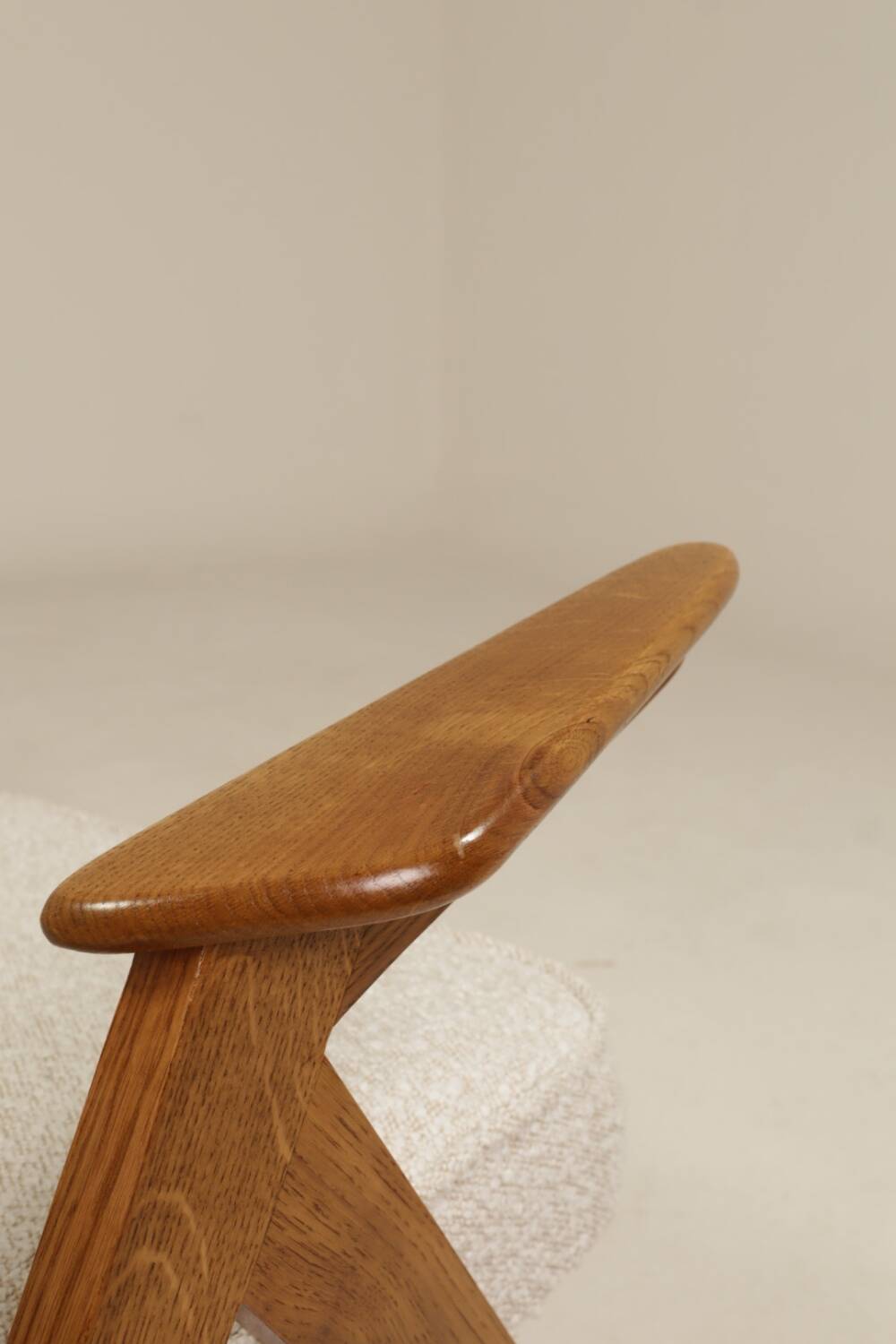 Vintage armchair rustic oak pearl bouclé concluded by Chierowski