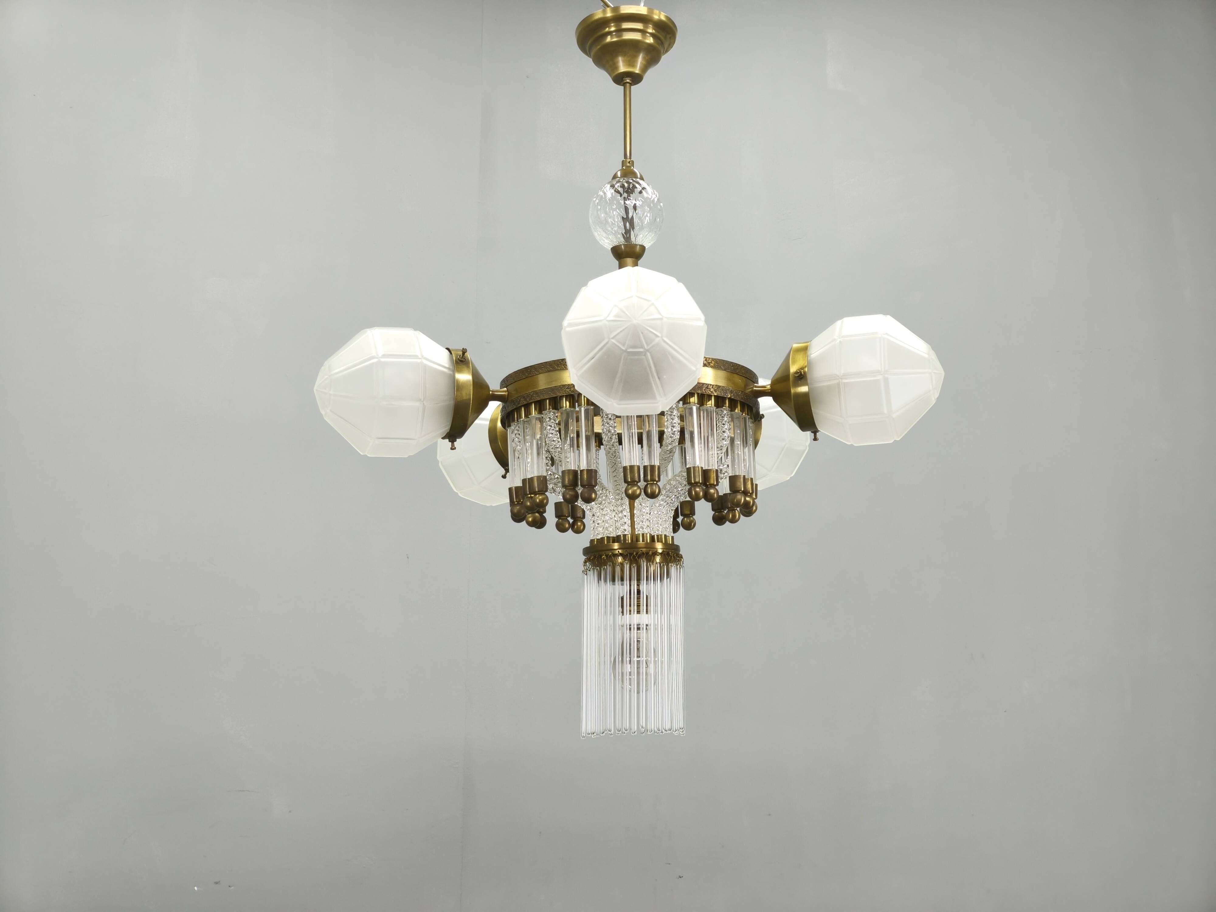 Czech Art Deco Brass and Glass Chandelier, 1950s