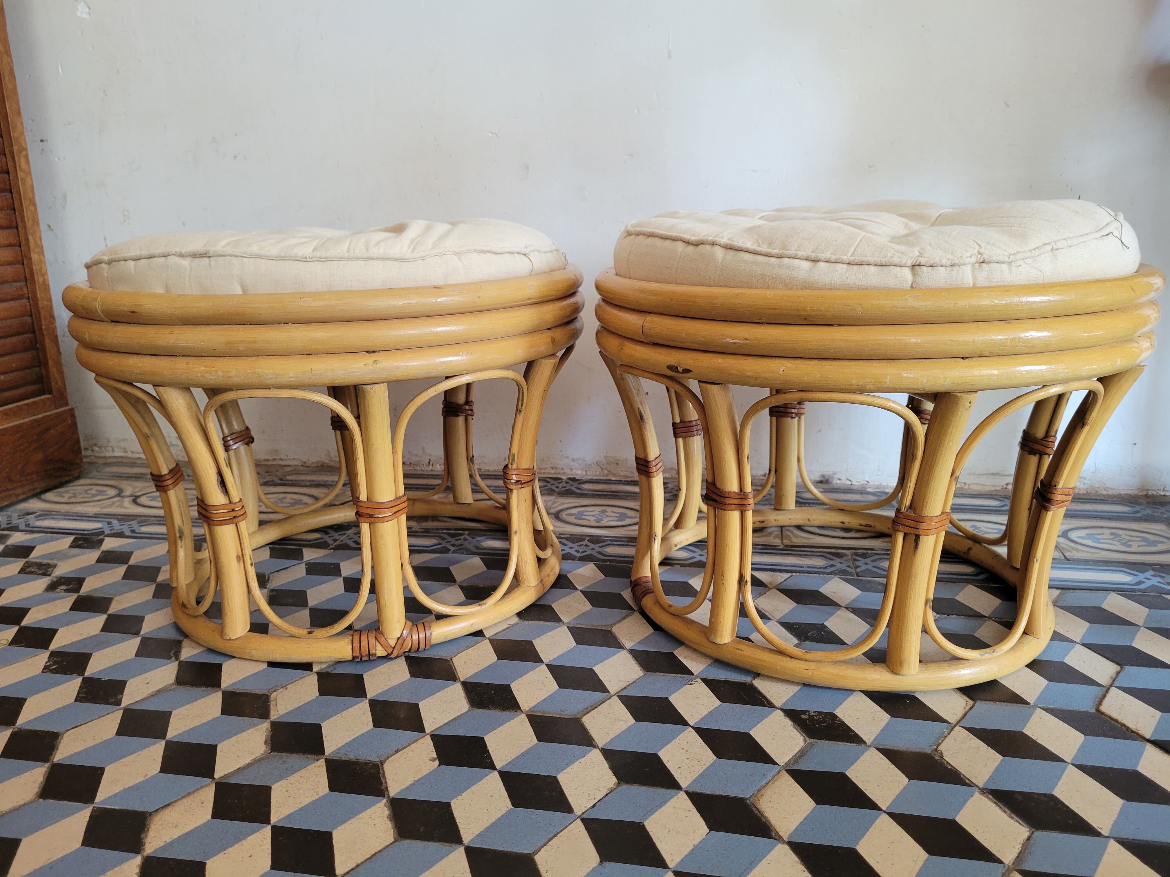 Rattan and leather poufs