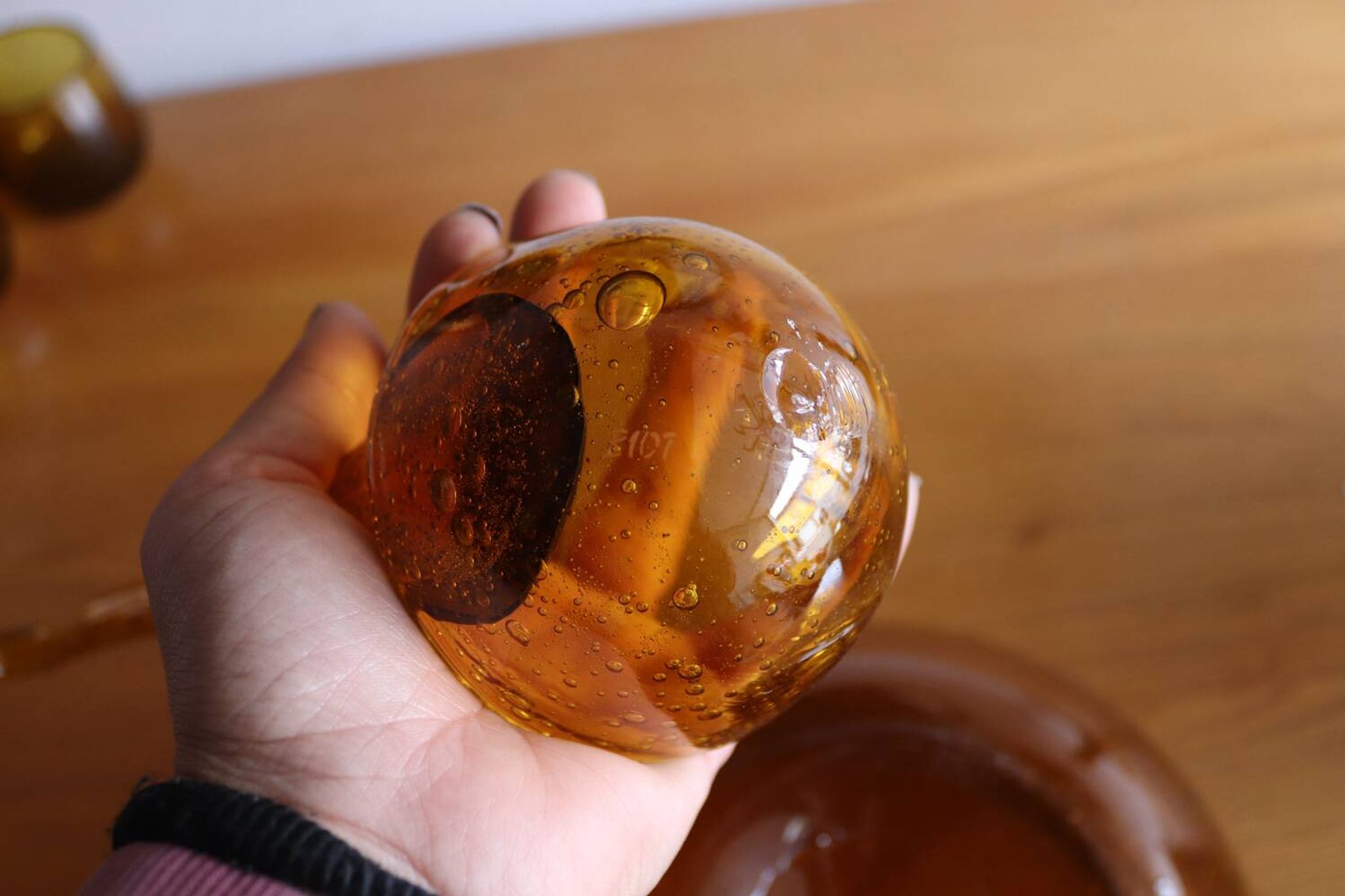 Vintage amber blown bubble glass salad bowl and ladle.