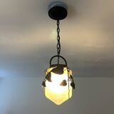 Antique glass and wrought iron pendant light with ivy decor Art Deco chandelier globe