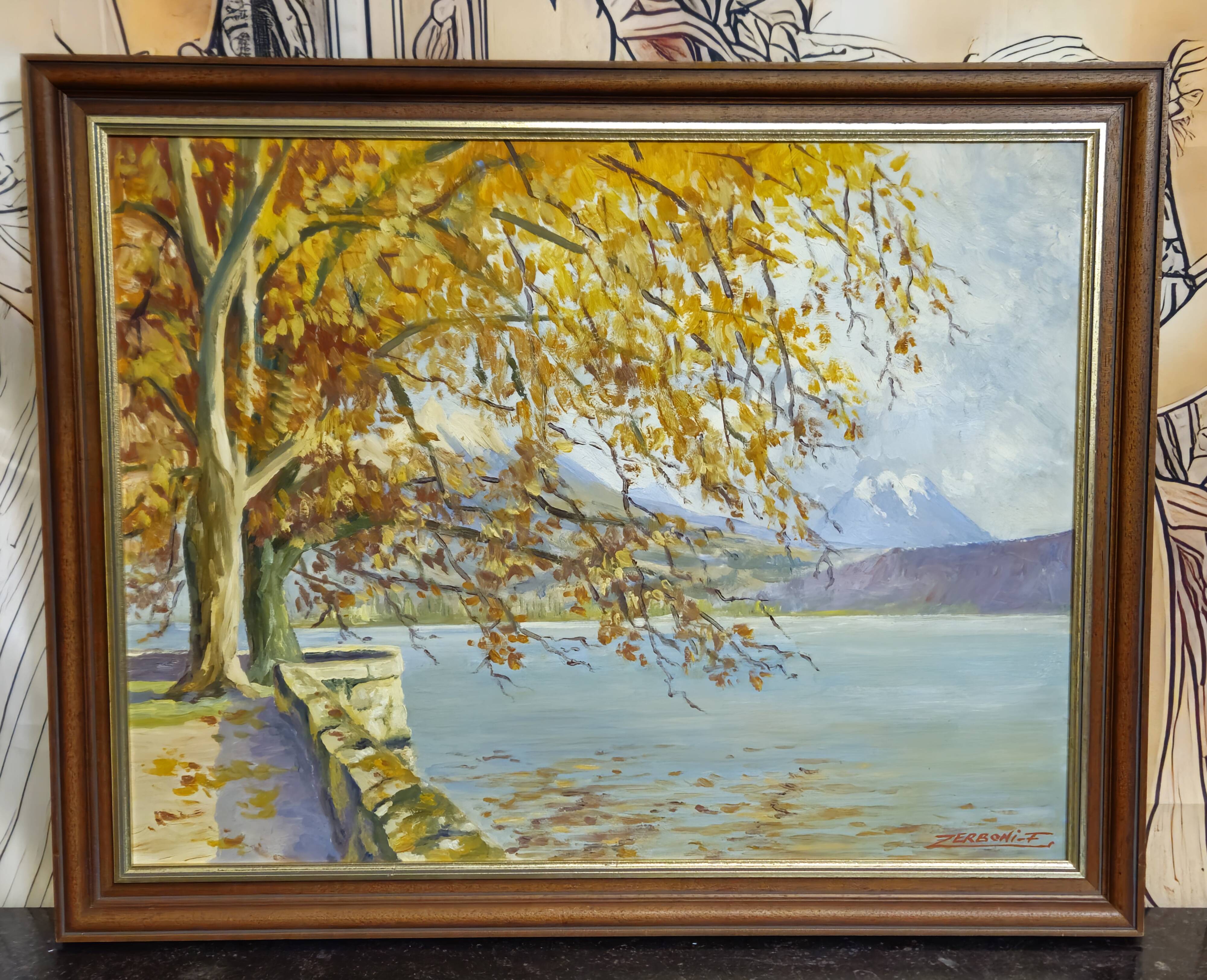 F. Zerboni – Animated Lakeside Landscape – Oil on Panel – Mid 20th Century