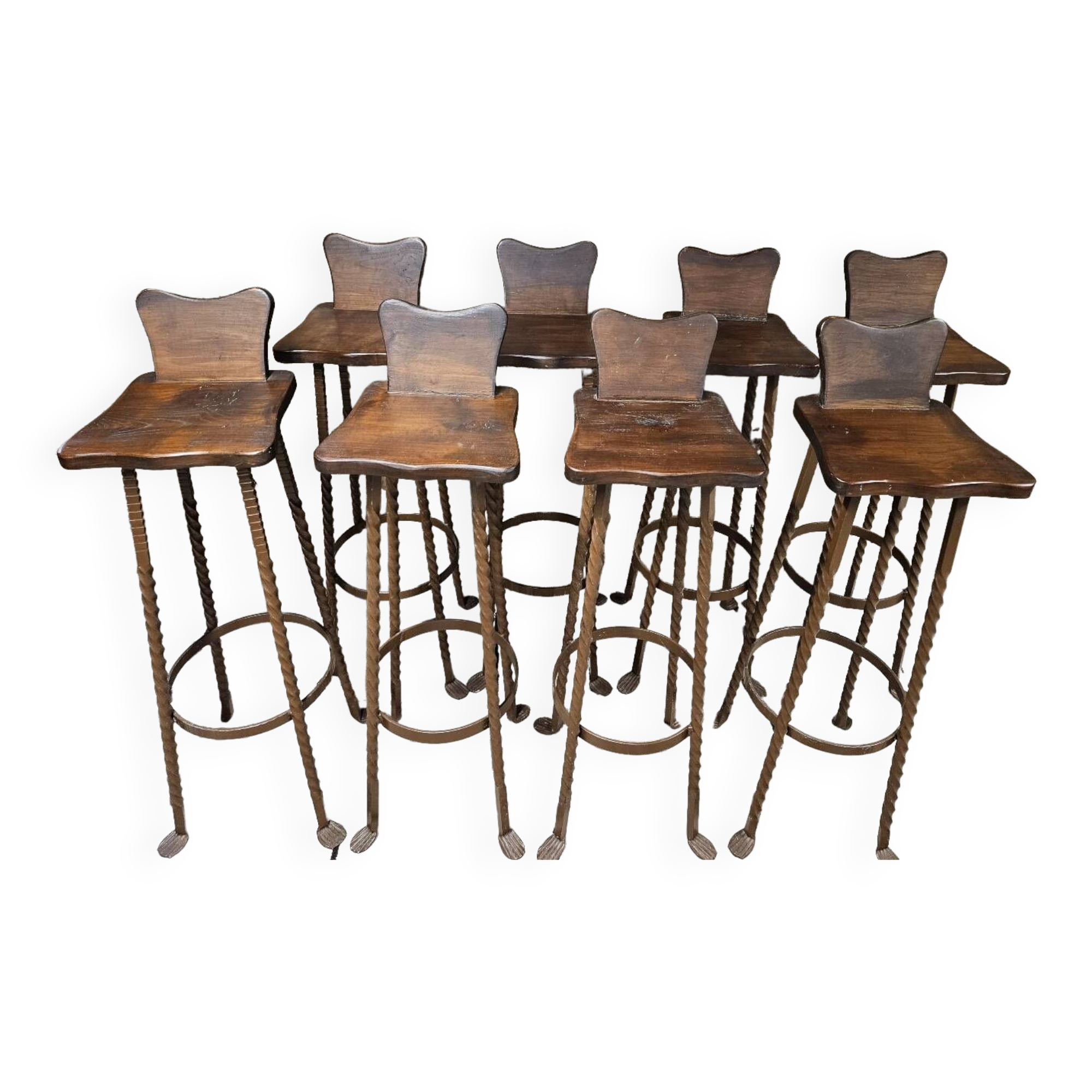 Set of 8 brutalist wrought iron bar stools 1970"