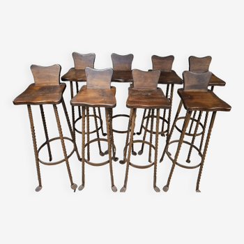 Set of 8 brutalist wrought iron bar stools 1970"