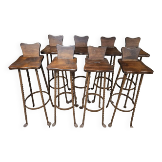 Lot de 8 tabourets  brutaliste de bar en fer forgé 1970"