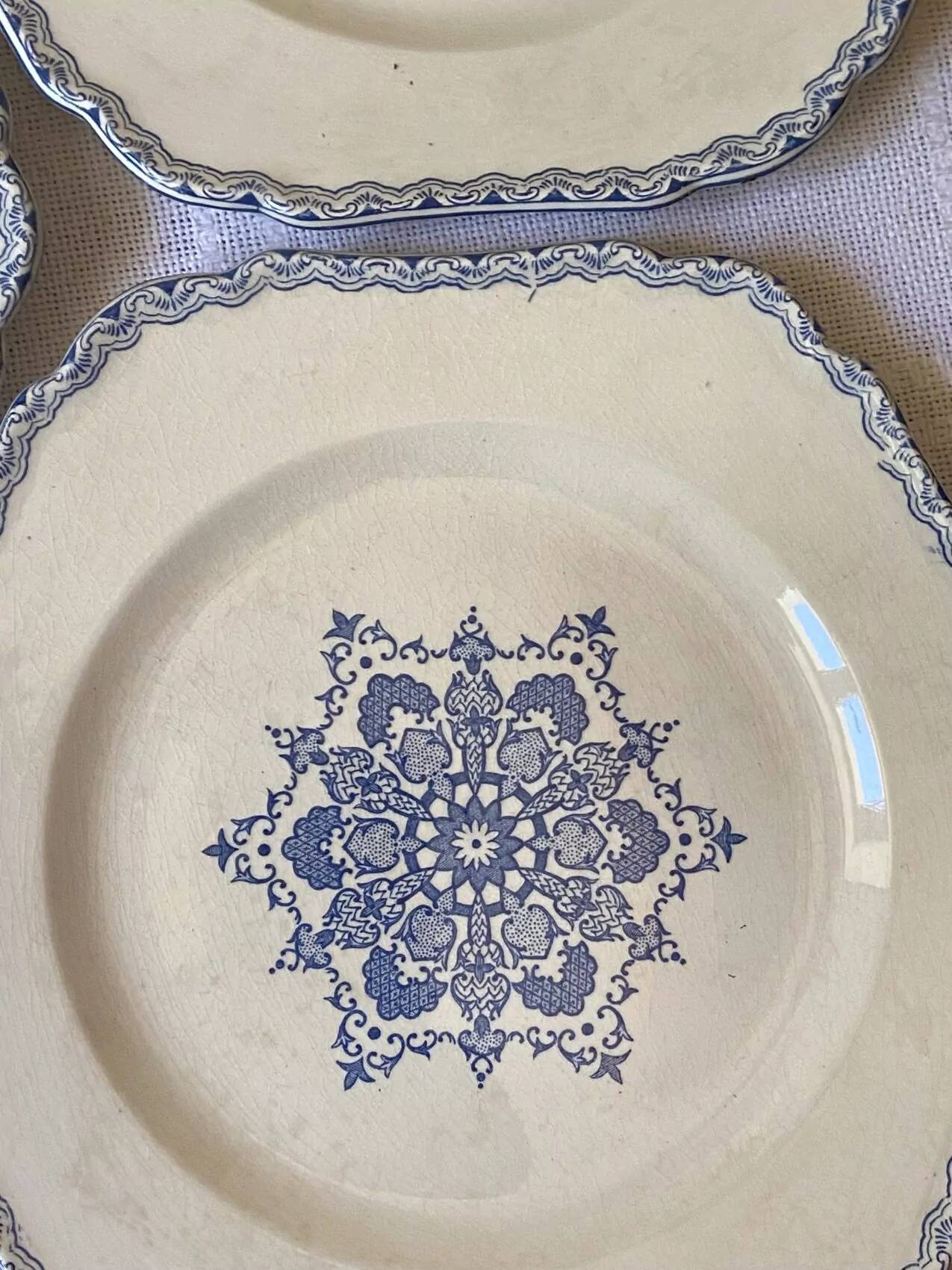 Set of 10 antique 6-sided flat plates – late 19th century earthenware, oriental light blue decor