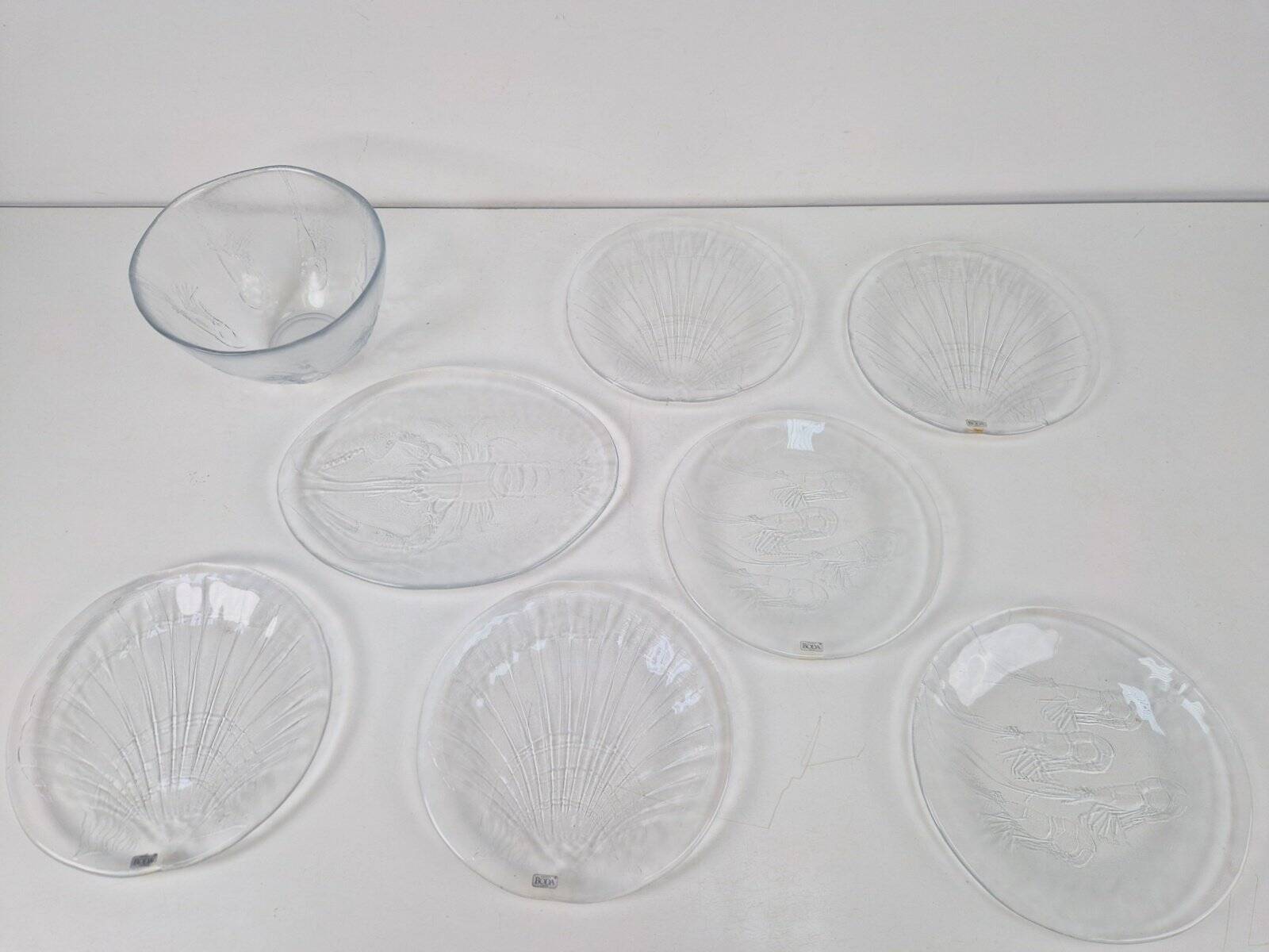 Vintage Glass Seafood Serving Bowl, Plate and Dinner Plates by Ann Warff for Kosta Boda, Sweden, 1970s, Set of 8