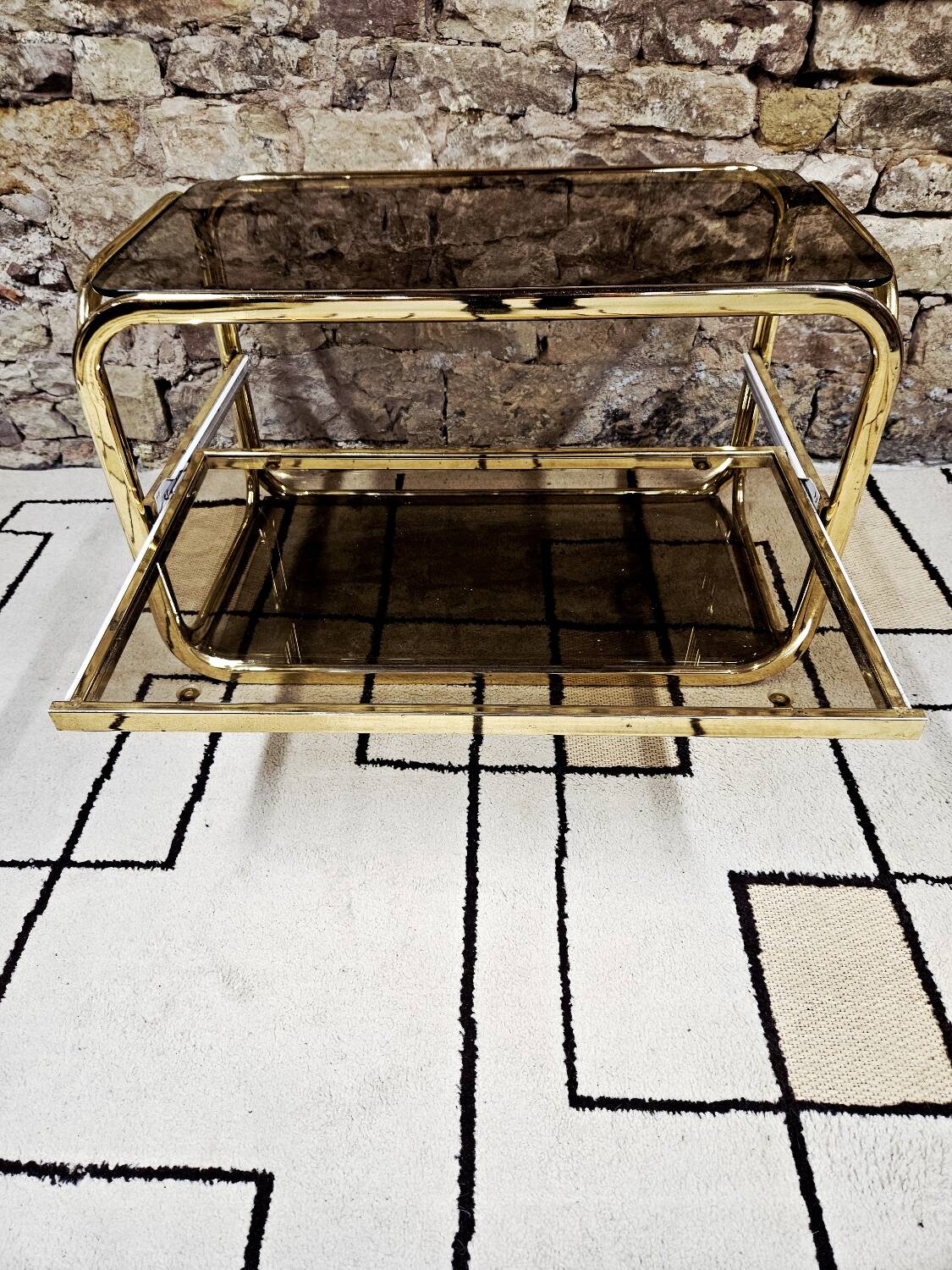 Brass coffee table with sliding top and smoked glass, 1970s vintage