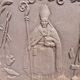 19th century cast iron fireback: bishop blessing the blacksmith's tools