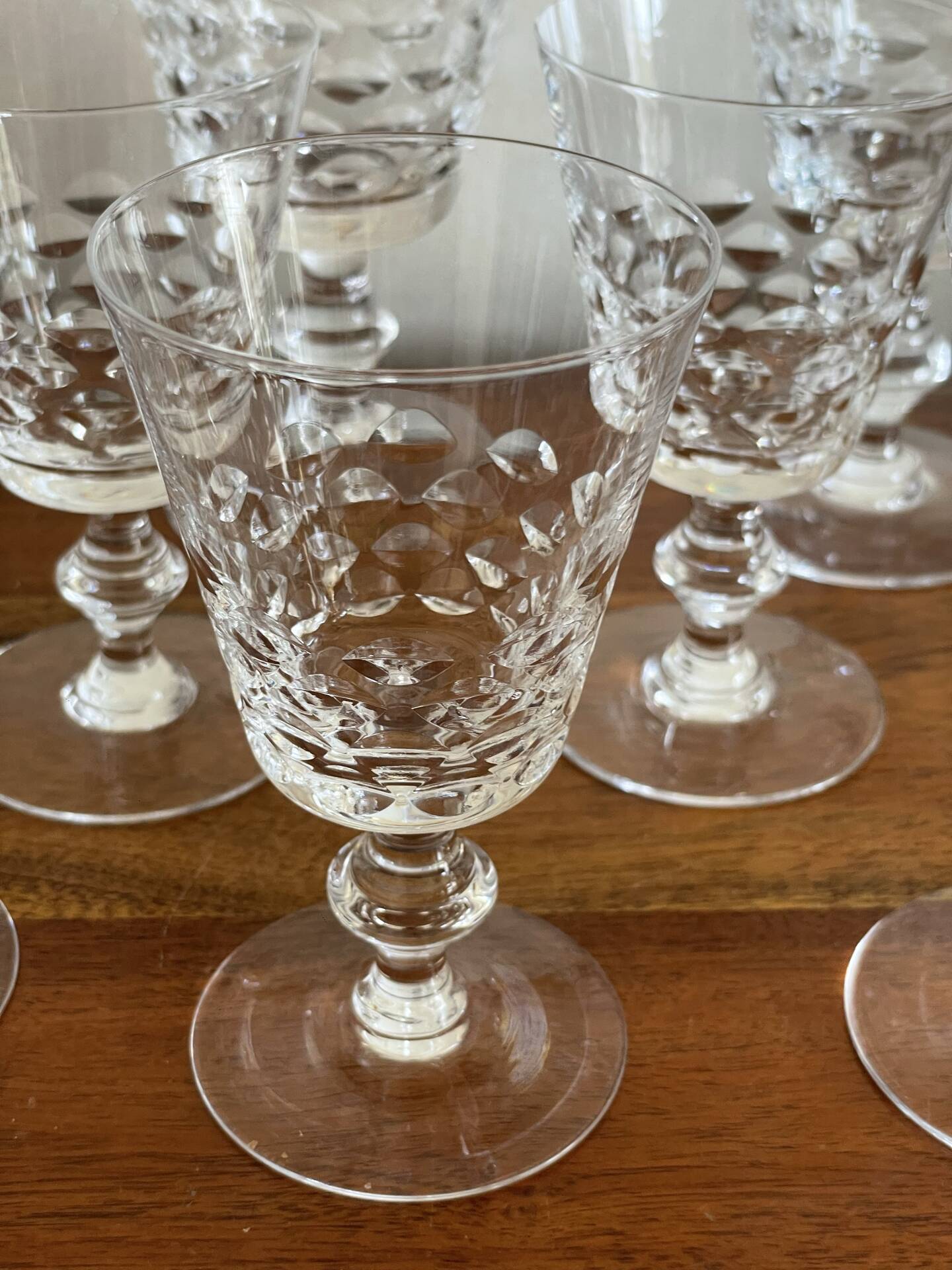 6 crystal wine glasses and 2 water glasses