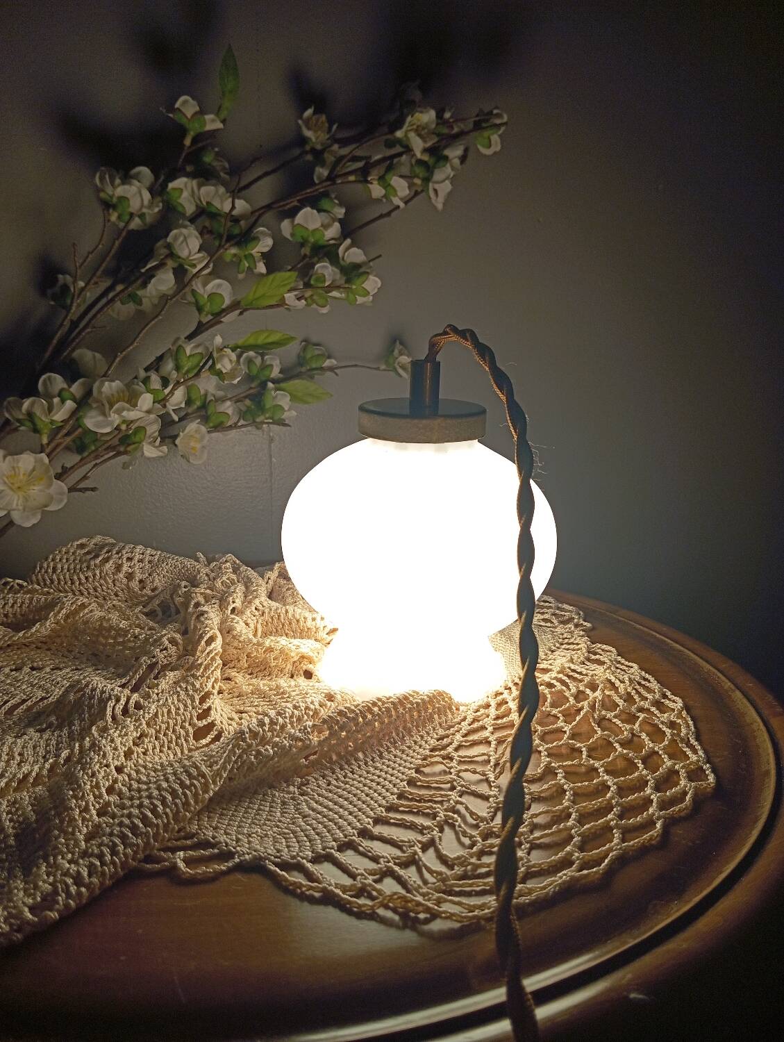 White opal curved glass hanging lamp, art deco style