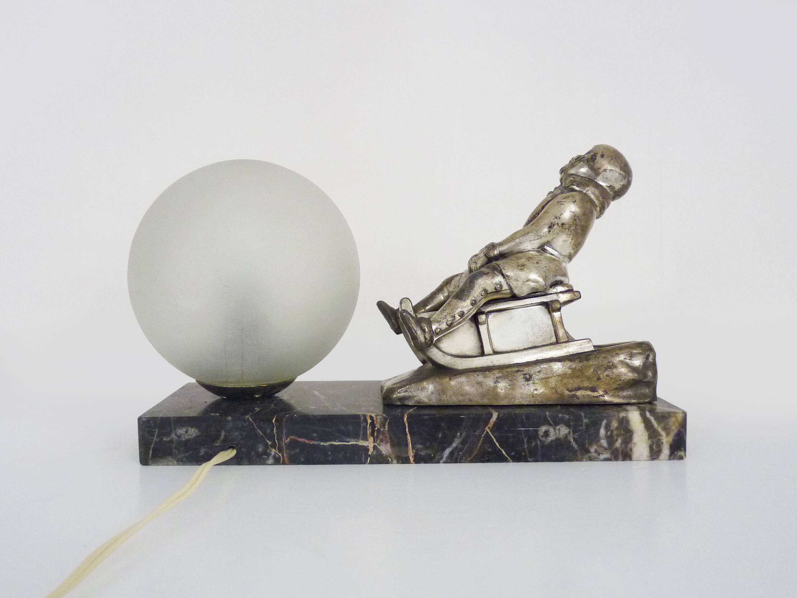 Lamp, Art Deco sled base night light in spelter on marble base
