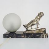 Lamp, Art Deco sled base night light in spelter on marble base