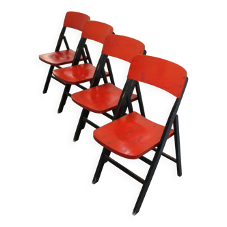 Chaise pliante en bois Rouge et noir Par Egon Eiermann, Lot de 4 chaises