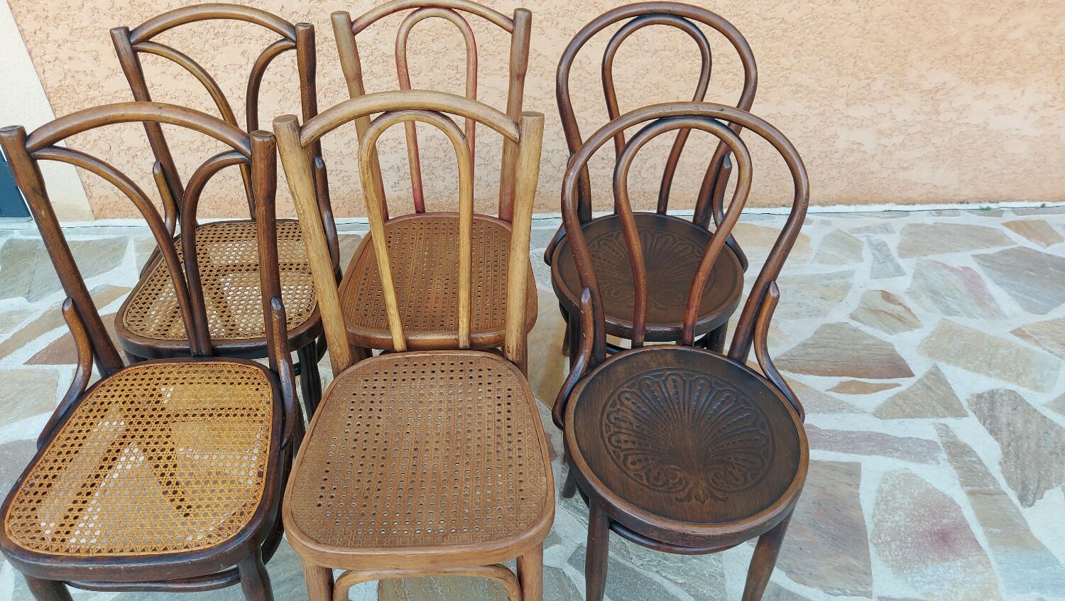 Suite of 6 mismatched bistro chairs Thonet and J&J kohn 1920