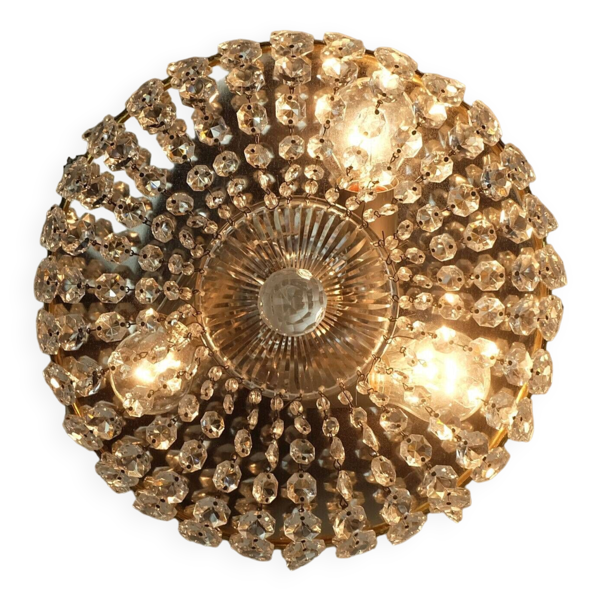 Crystal glass ceiling light plafoniere brass metal 60s hollywood regency style