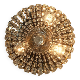 Crystal glass ceiling light plafoniere brass metal 60s hollywood regency style