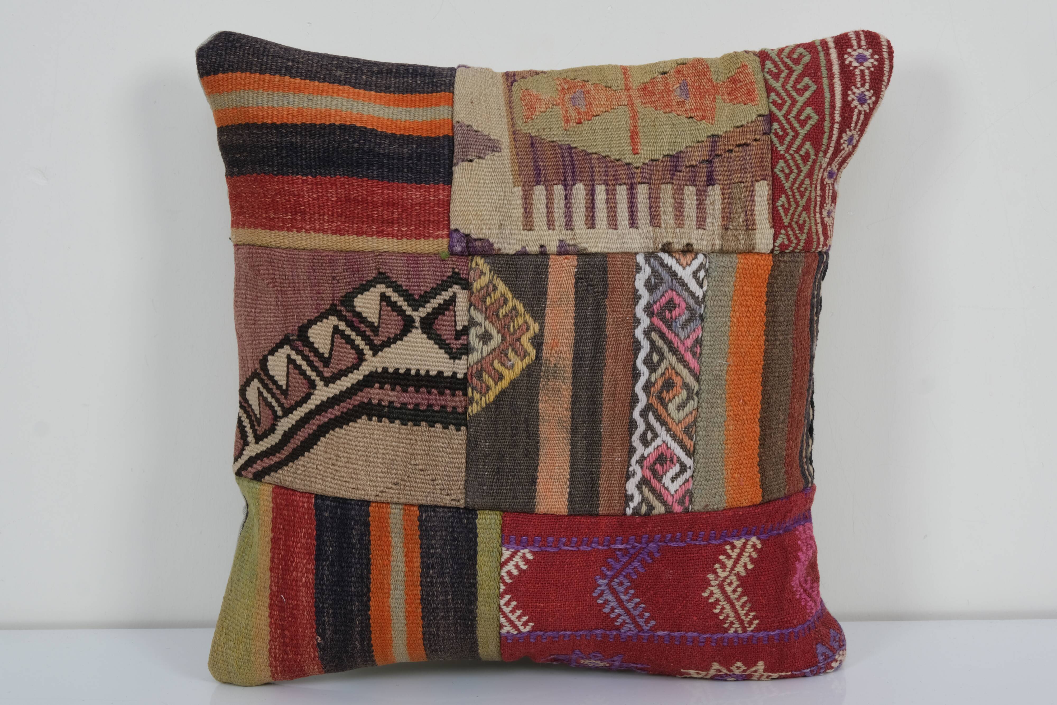 20" x 20" Ethnic Turkish Kilim Pillow Cover, Square Patchwork Cushion Cover