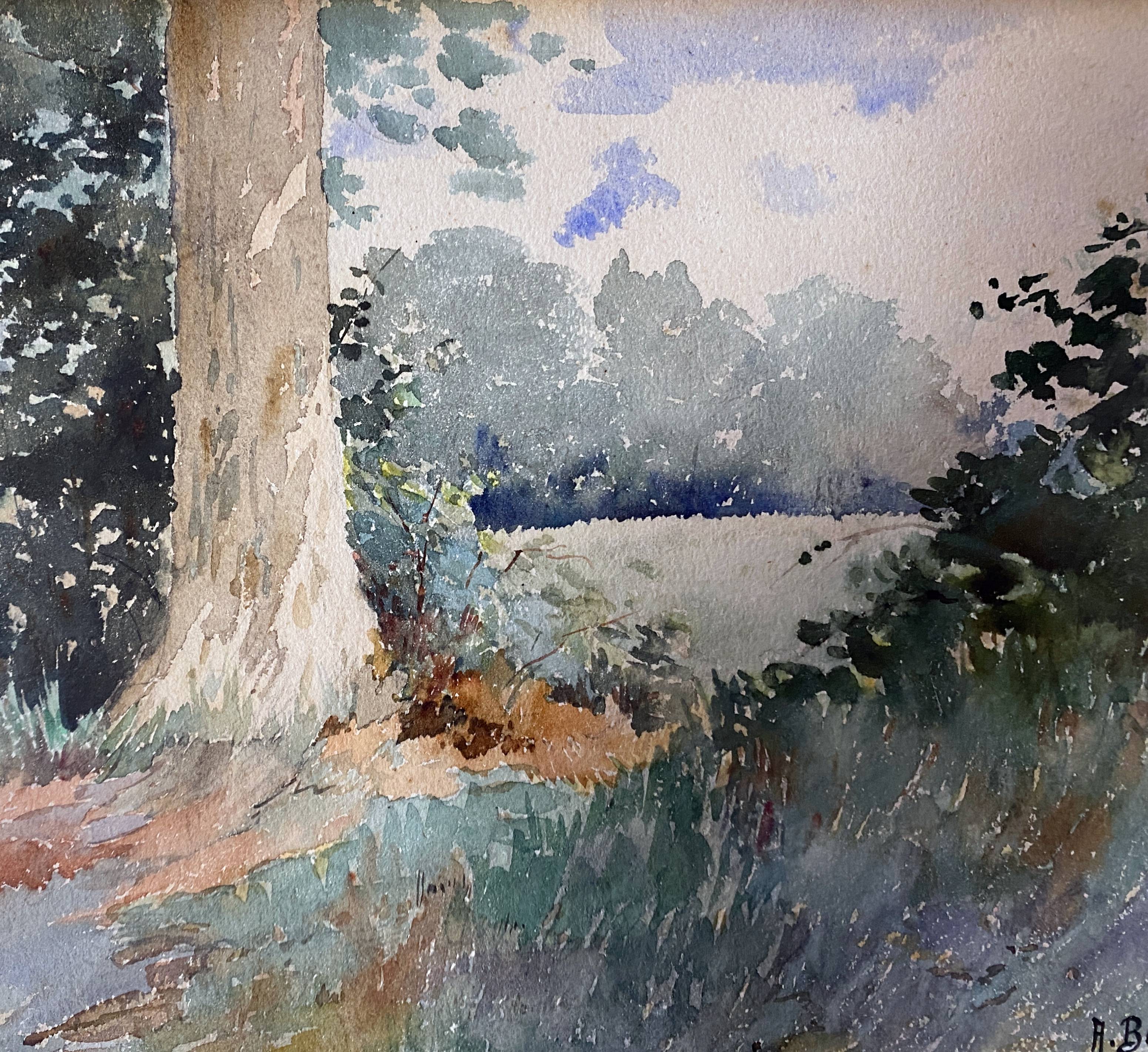Tableau aquarelle A. Bories "Paysage de prairie arborée" + cadre