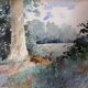 Tableau aquarelle A. Bories "Paysage de prairie arborée" + cadre