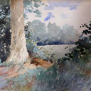 Watercolor painting A. Bories "Landscape of wooded meadow" + frame