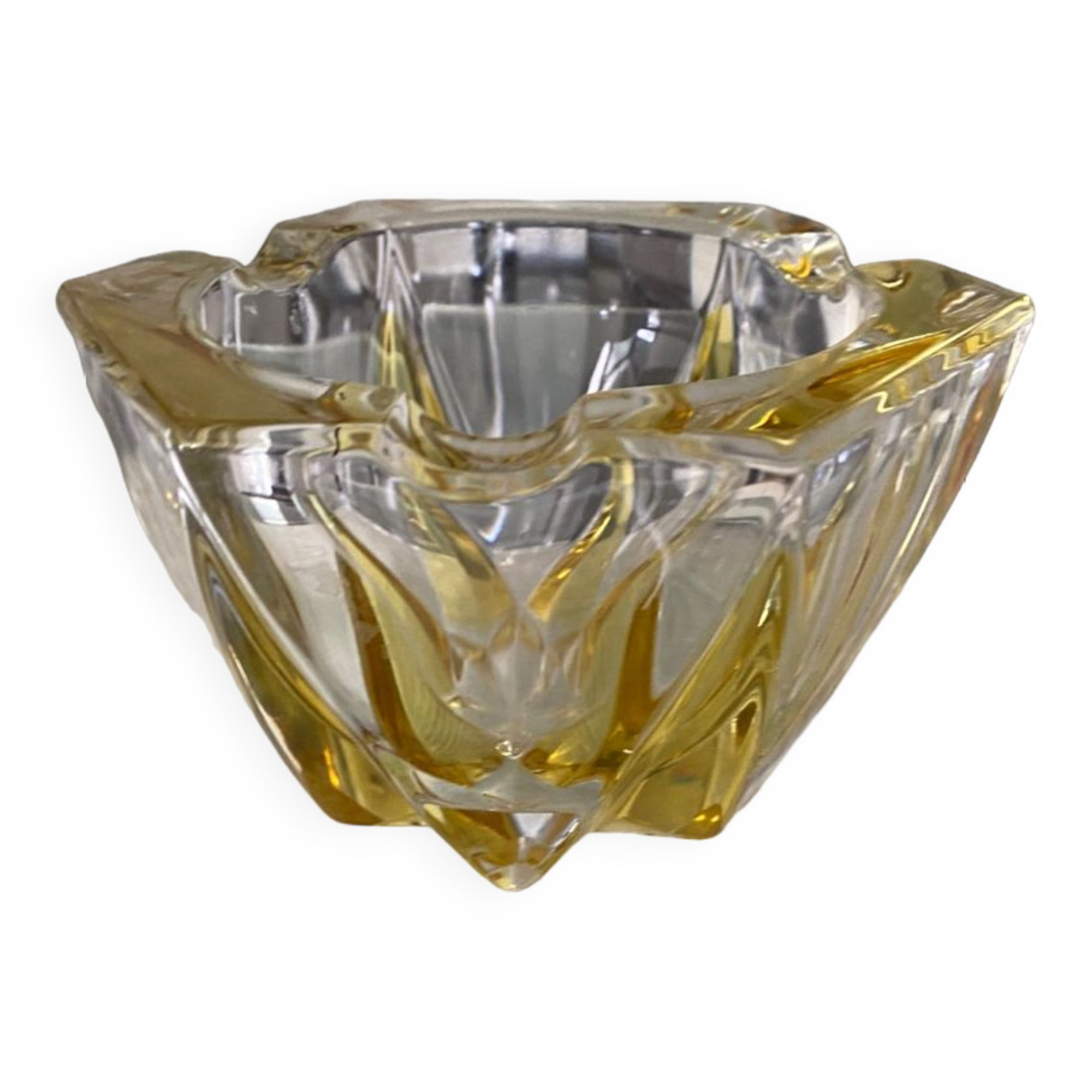 Vintage empty pocket ashtray in yellow chiseled glass or crystal