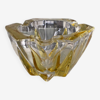 Vintage empty pocket ashtray in yellow chiseled glass or crystal