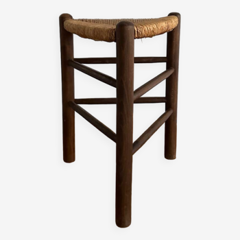 Midcentury wood and straw tripod stool