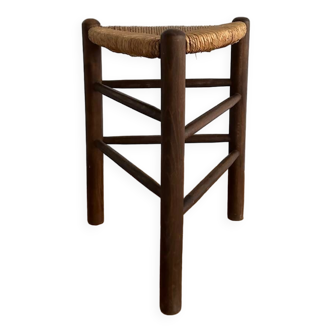 Tabouret tripode en bois et paille midcentury