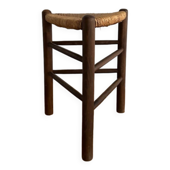 Midcentury wood and straw tripod stool