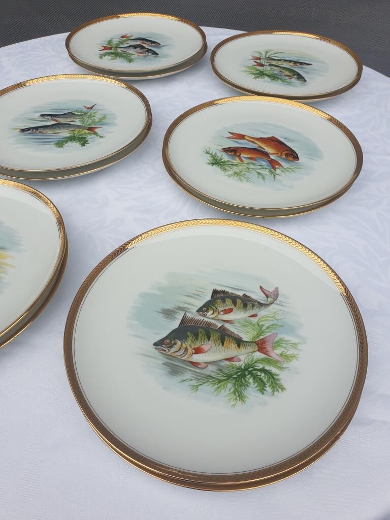 Set 12 plates porcelain fish edge laurel gold Bernardaud