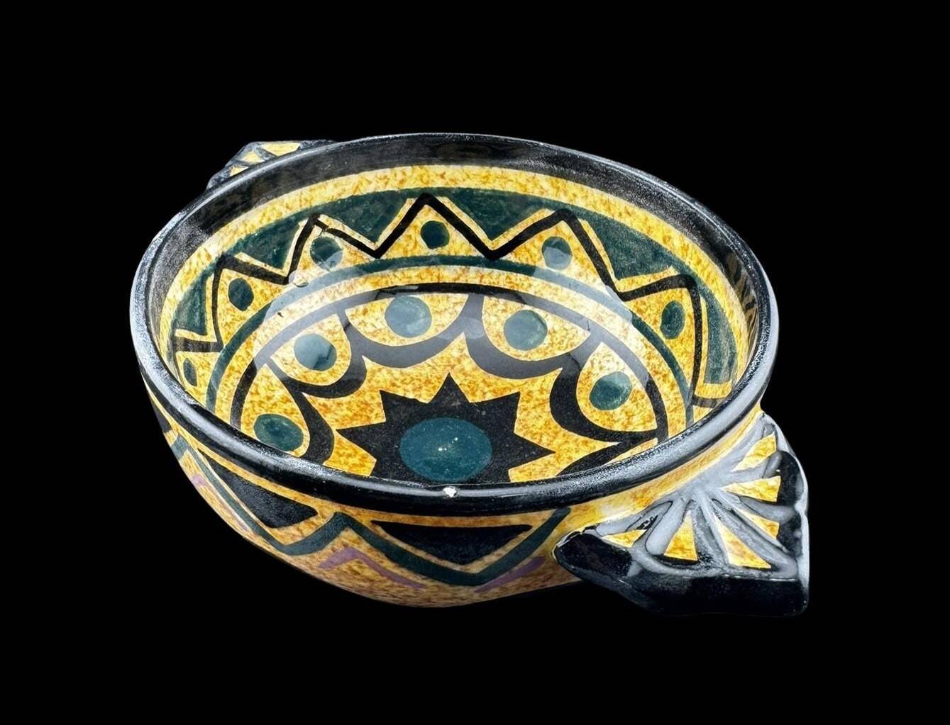 Earthenware Bowls St Jean de Bretagne Set of 4 Hand Decorated Geometric Black