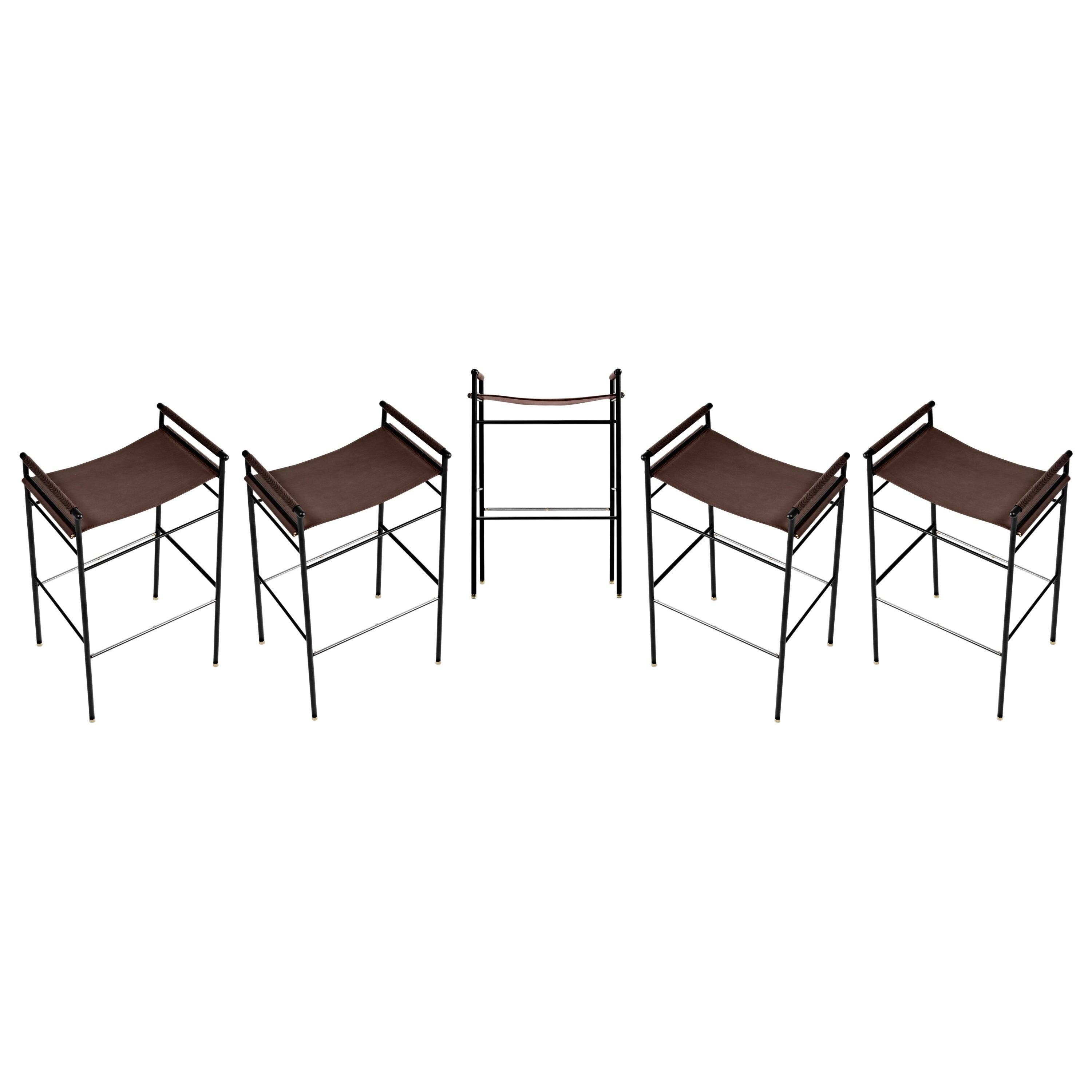 Lote de 5 Taburete de Bar Clásico Contemporáneo Marrón Oscuro Piel Goma Negra Metal