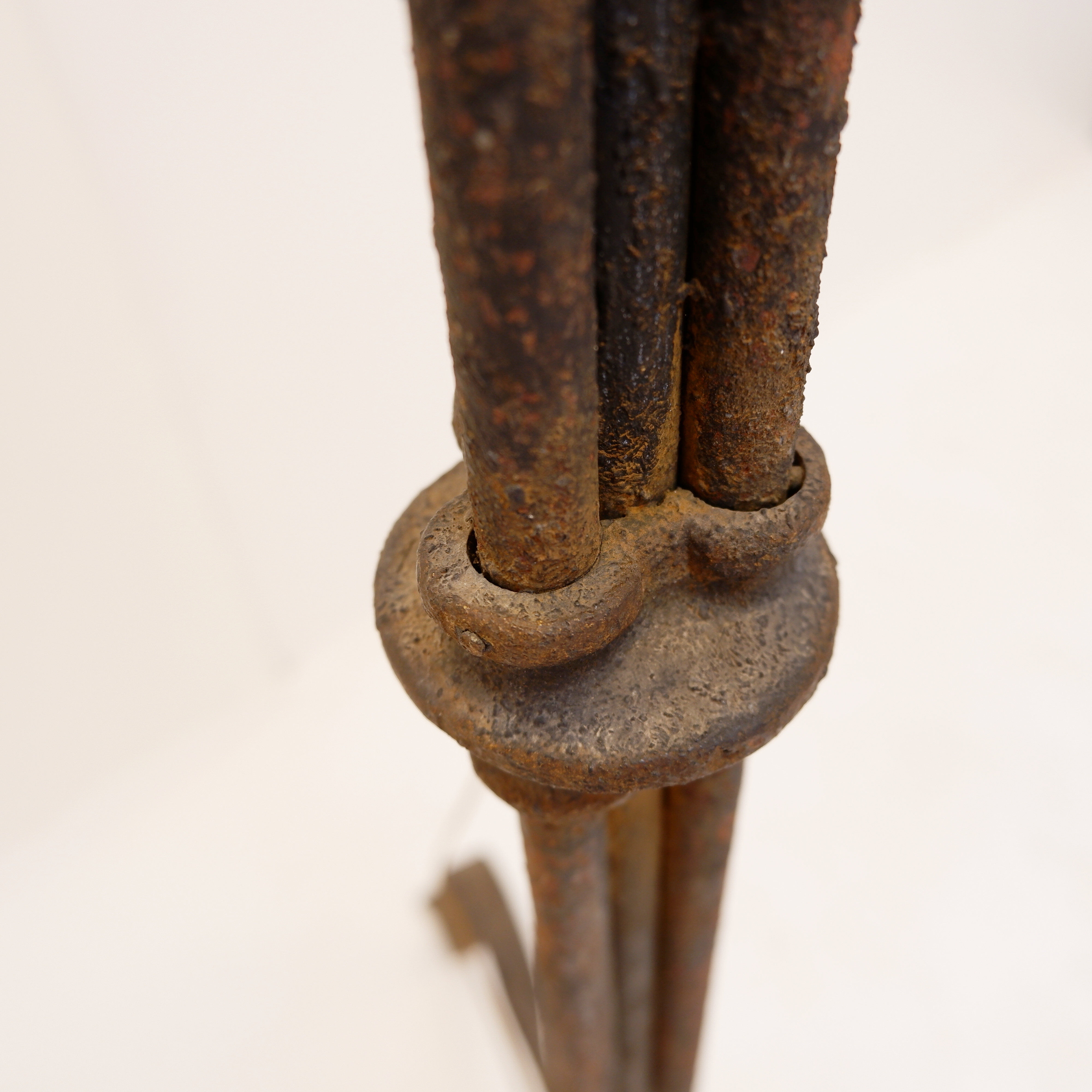 Wrought iron tripod floor lamp decorated with stylized animal heads