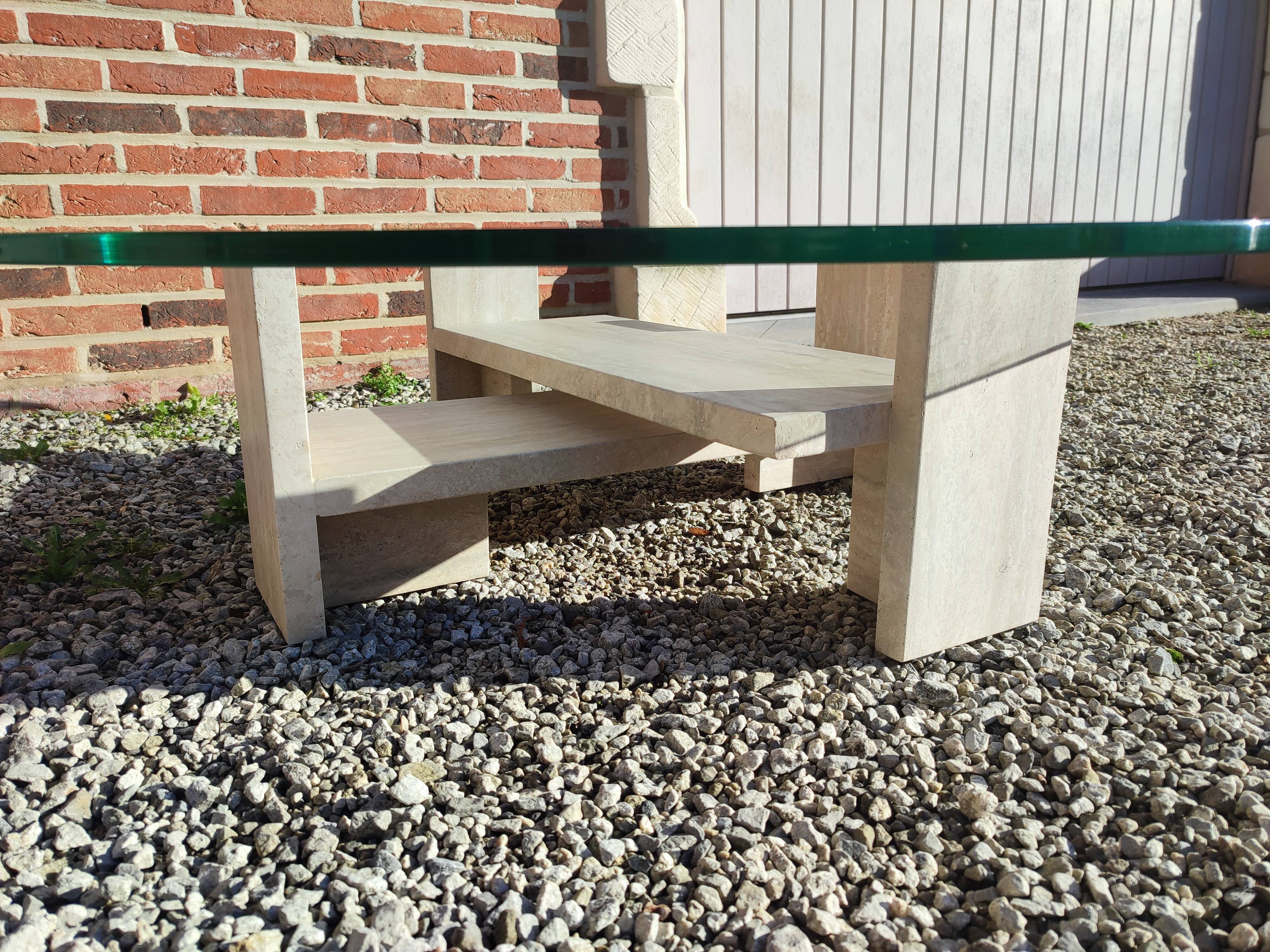 Coffee table in travertine and thick glass, Willy Ballez, 1970s