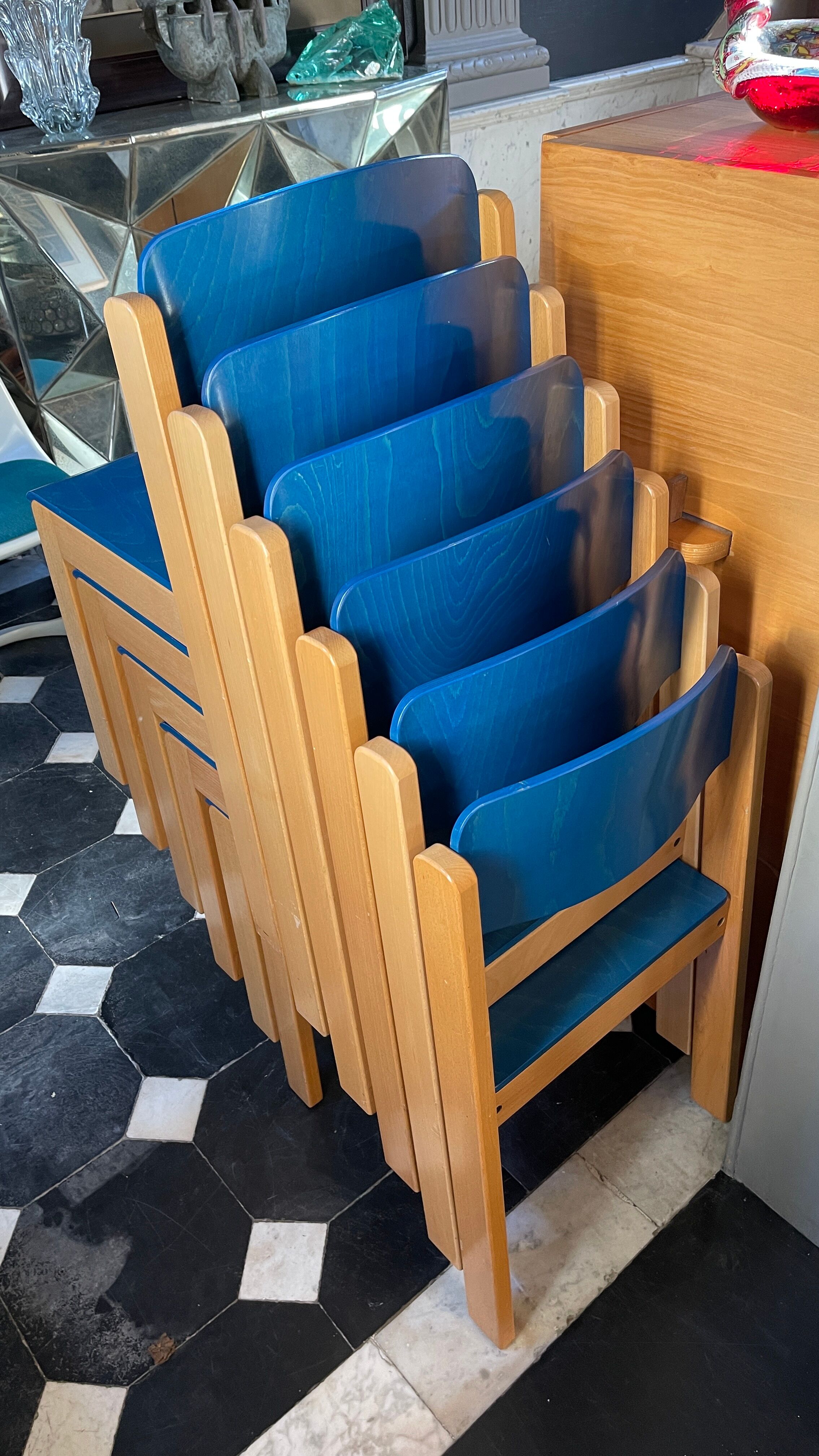 Series of 6 stackable vintage chairs, italian design, blue tinted beech, ca 1980