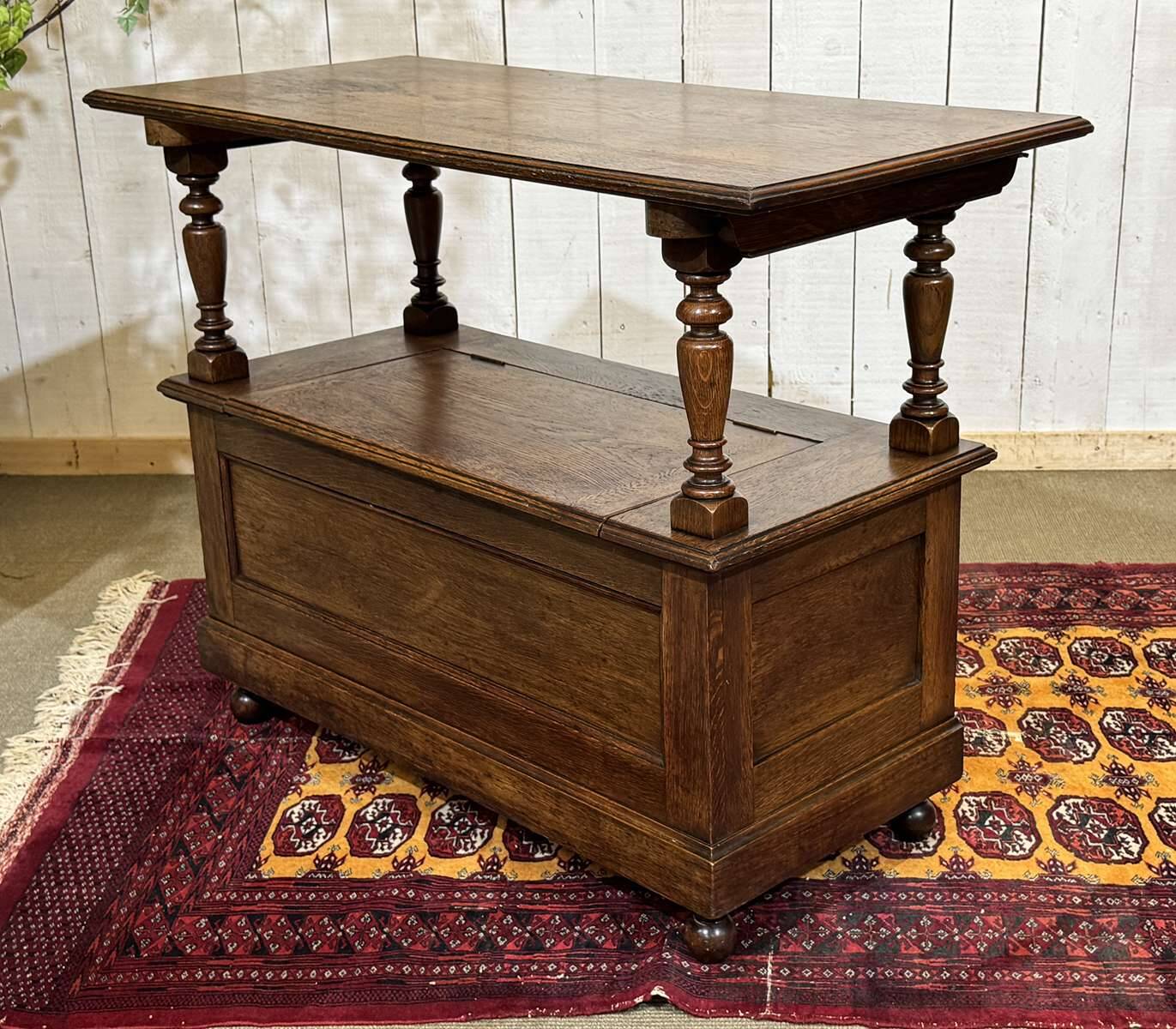 English oak bank safe from the 1930s that can serve as a console.