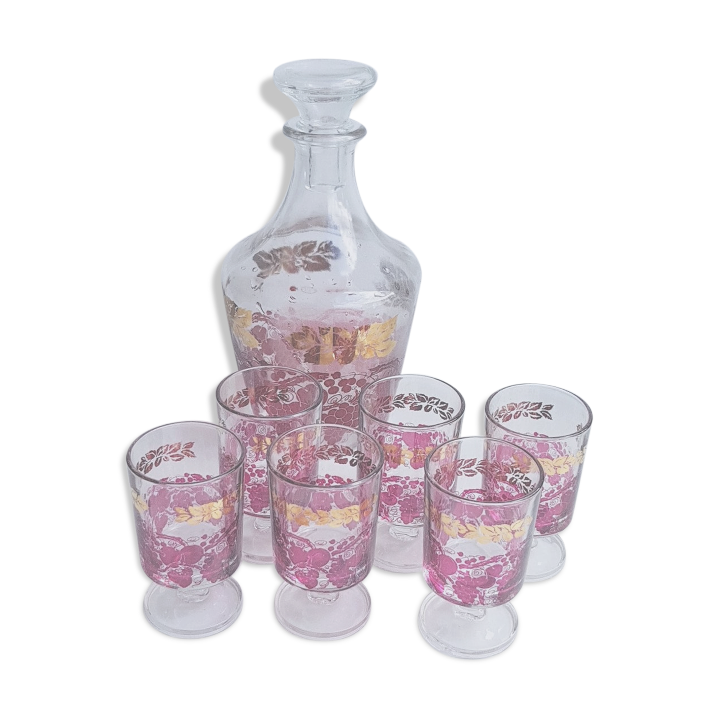 Pink and gilded glass liquor service