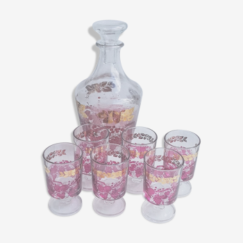 Service à liqueur en verre roses et dorés